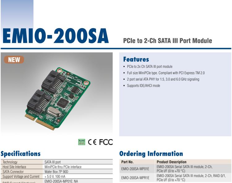 研華EMIO-200SA SATA 端口模塊、2-Ch、PCIe I/F