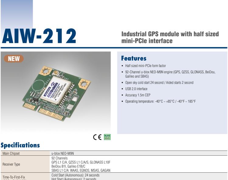 研華AIW-212 工業(yè)級 GNSS（GPS、GLONASS、BeiDou、Galileo、QZSS和SBAS）模塊，半尺寸 mini-PCIe 規(guī)格。