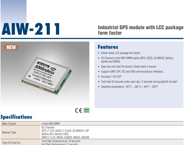 研華AIW-211 帶郵票型接口的工業(yè)級 GNSS（GPS、GLONASS、BeiDou、Galileo、QZSS和SBAS）模塊。