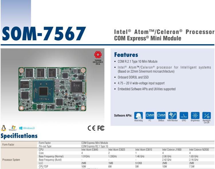 研華SOM-7567 Intel? Atom?/Celeron? 處理器，COM-Express Mini 模塊
