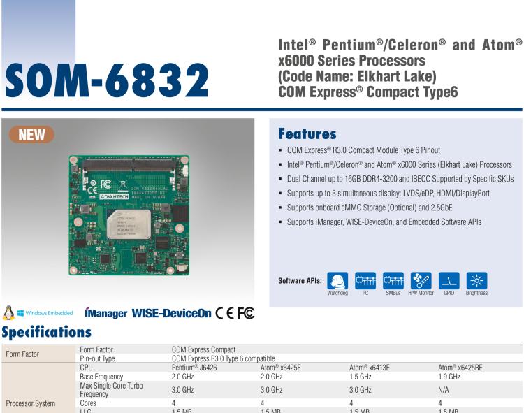 研華SOM-6832 Intel Pentium/Celeron 及 Atom x6000系列（Elkhart Lake）處理器，COM Express? Compact Type 6 模塊
