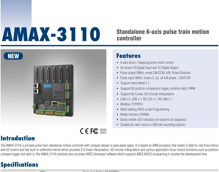 研華AMAX-3110 AMAX-3110是一個(gè)6軸脈沖序列獨(dú)立式運(yùn)動(dòng)控制器，一體化精巧的設(shè)計(jì)，節(jié)省空間