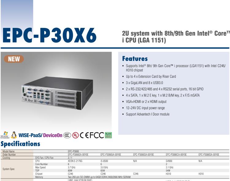 研華EPC-P3086 適配Intel? 第8/9代 Core i 系列處理器，搭載H310芯片組。2U高度，支持全長(zhǎng)PCIe x16擴(kuò)展卡。接口豐富，性能強(qiáng)勁。
