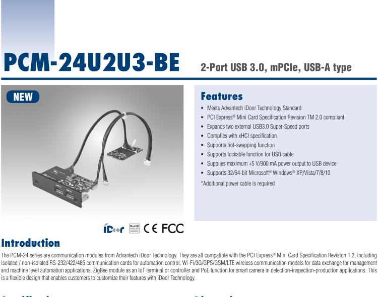 研華PCM-24U2U3 2端口USB 3.0，mPCIe，USB-A型