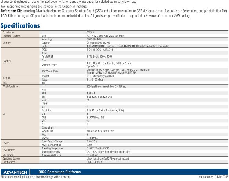 研華ROM-1210 基于NXP ARM Cortex?-A8 i.MX53 1GHz高性能處理器的RTX核心模塊，低功耗
