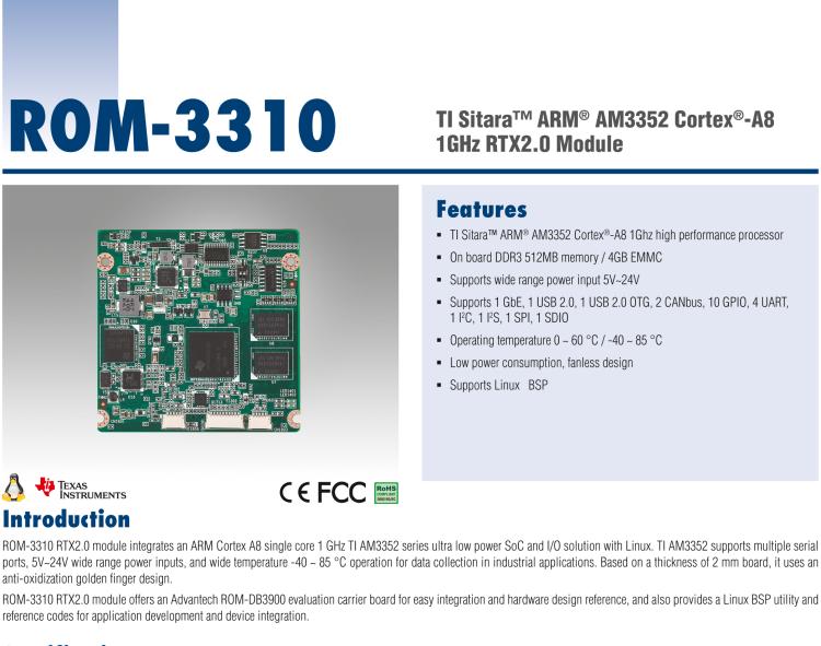 研華ROM-3310 基于TI AM3352 Cortex A8 1GHz RTX 2.0 的標準核心板，適用于寬溫抗震等工業(yè)自動化領(lǐng)域