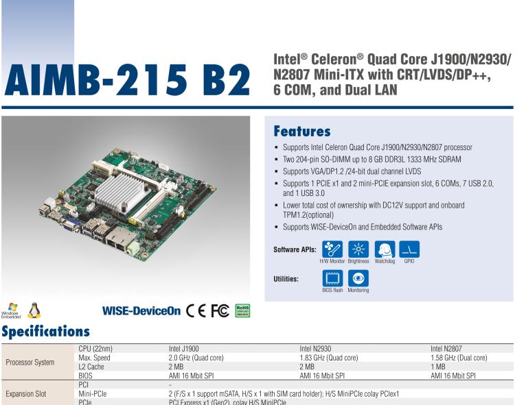 研華AIMB-215 板載Intel? 第4代 賽揚(yáng)處理器。豐富的擴(kuò)展，無風(fēng)扇設(shè)計，支持寬溫寬壓。