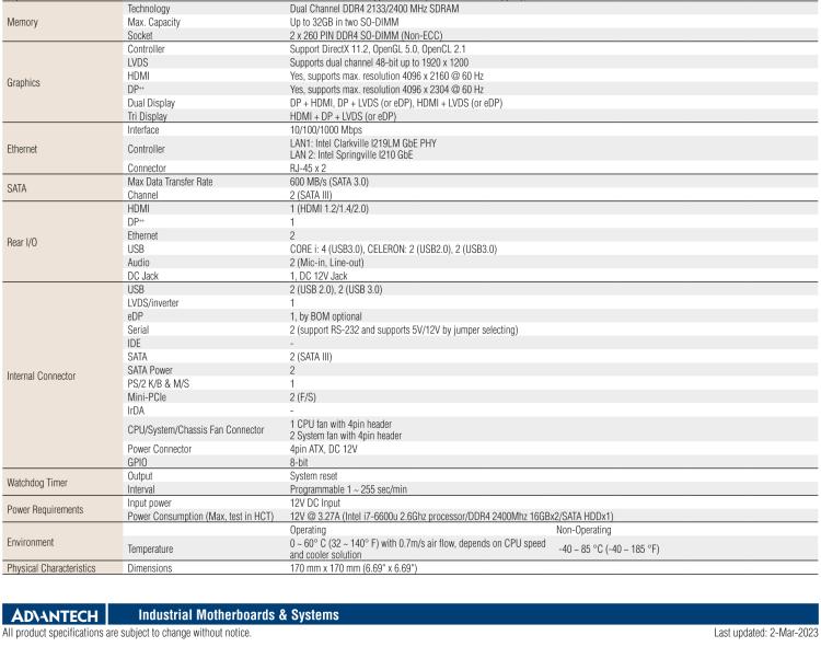 研華AIMB-232 板載Intel? 第6/7代 Core? i/賽揚(yáng) 處理器。超薄設(shè)計(jì)，無(wú)風(fēng)扇設(shè)計(jì)，支持寬溫。