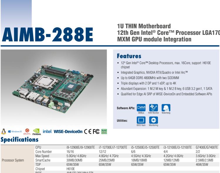研華AIMB-288E 板載Intel 第12代 Core i 桌面級(jí)CPU。橫向顯卡插槽，搭配NVIDIA Quadro T1000 MXM顯卡。超薄散熱設(shè)計(jì)，高性能選擇方案。