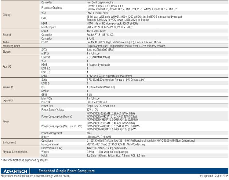 研華PCM-9365 第四代ATOM PCI-104 3.5寸主板, 搭載E3825，N2930 CPU，2GB/4GB內(nèi)存在板，VGA, 18/24-bit LVDS, 2GbE, Mini PCIe, PCI-104, iManager