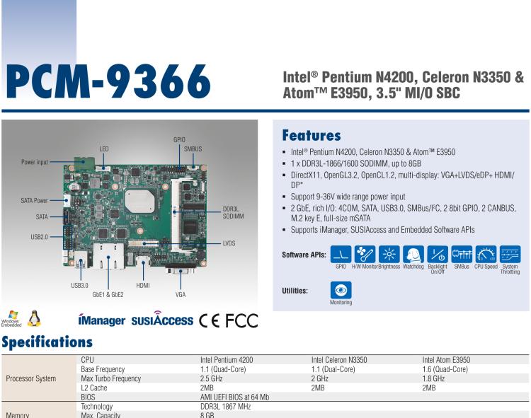 研華PCM-9366 Intel 第六代Atom?奔騰N4200賽揚N3350，3.5寸單板電腦