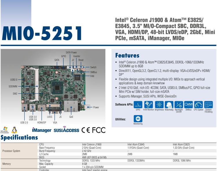 研華MIO-5251 3.5寸MIO單板電腦，采用嵌入式 Intel? Atom? E3825 &Intel? J1900處理器