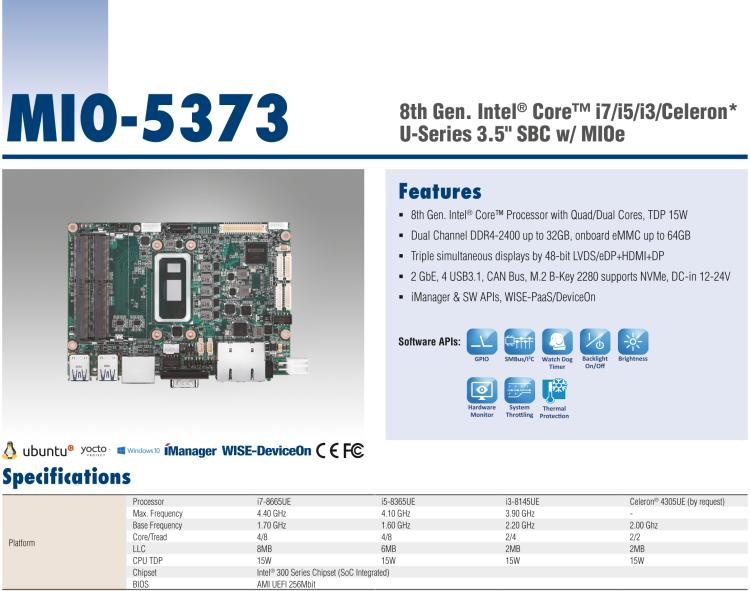研華MIO-5373 第八代 Intel 低功耗高性能 超極本CPU 3.5寸嵌入式單板，性能提升40%