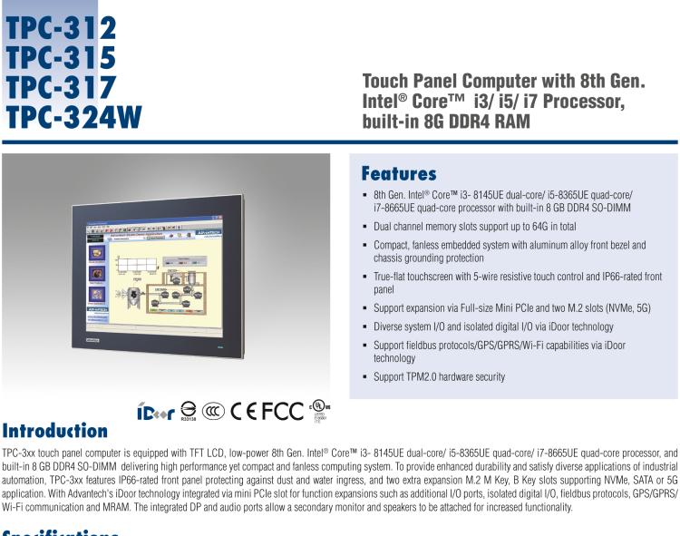 研華TPC-315 15英寸XGA TFT LED LCD觸摸屏電腦，搭載第八代Intel?Core? i3/ i5/ i7處理器，內(nèi)置8G DDR4 RAM