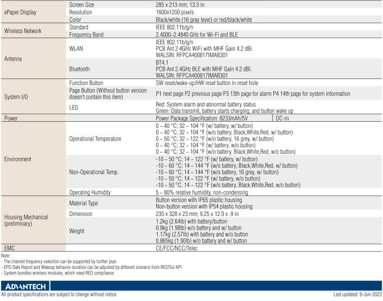 研華EPD-660 13.3"電子紙解決方案，Wi-Fi，用于醫(yī)院床邊卡和智能建筑標(biāo)牌。