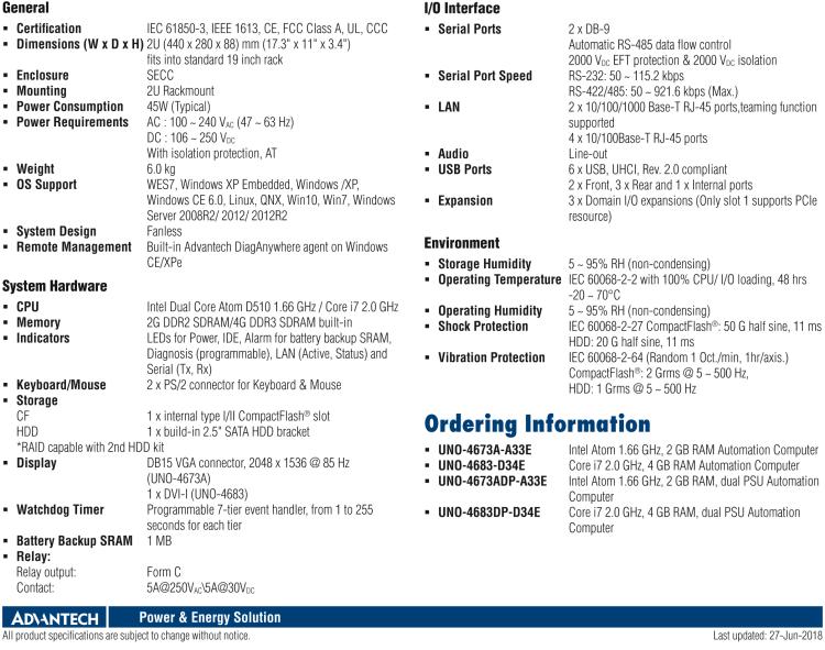 研華UNO-4673A Intel? Atom ? D510 變電站專用機(jī)，帶6×LAN, 2×COM, 3×擴(kuò)展槽