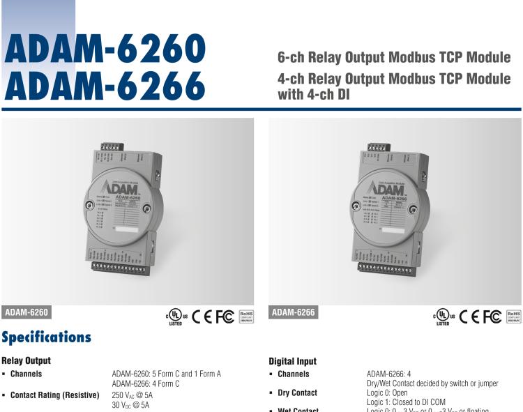研華ADAM-6266 支持Modbus TCP的4路繼電器輸出模塊，帶4路DI