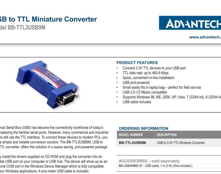 研華BB-TTL3USB9M 串口轉(zhuǎn)換器，USB 2.0至3.3 V TTL DB9 公頭