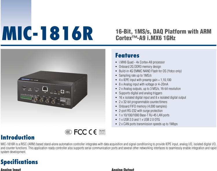 研華MIC-1816R 帶有ARM Cortex?-A9 i.MX6 1GHz的16位，1MS/s DAQ平臺(tái)